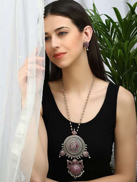 pink stone brass oxidised long necklaces and earring  - 19755342 -  Standard Image - 5