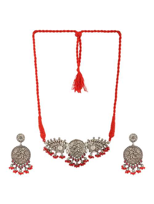 red tone brass oxidised choker necklaces and earring  - 19755351 -  Standard Image - 0