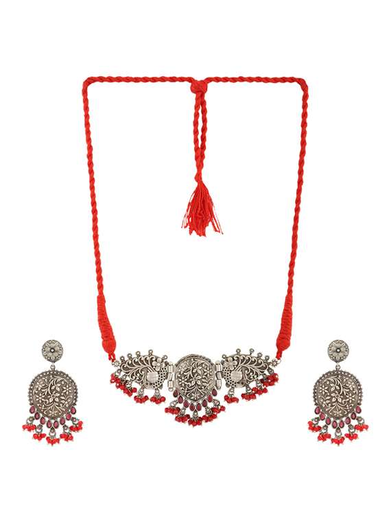 red tone brass oxidised choker necklaces and earring 