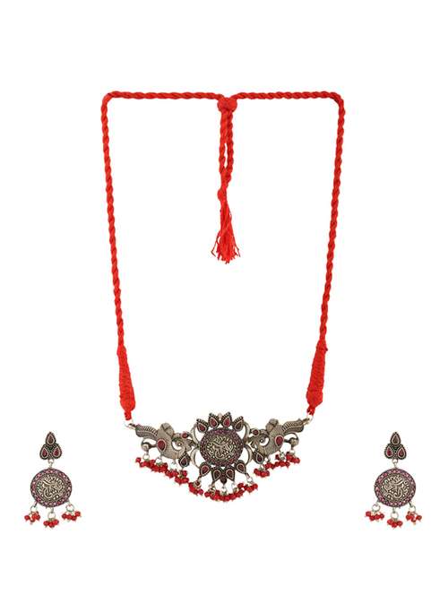red tone brass oxidised choker necklaces and earring  - 19755352 -  Standard Image - 0