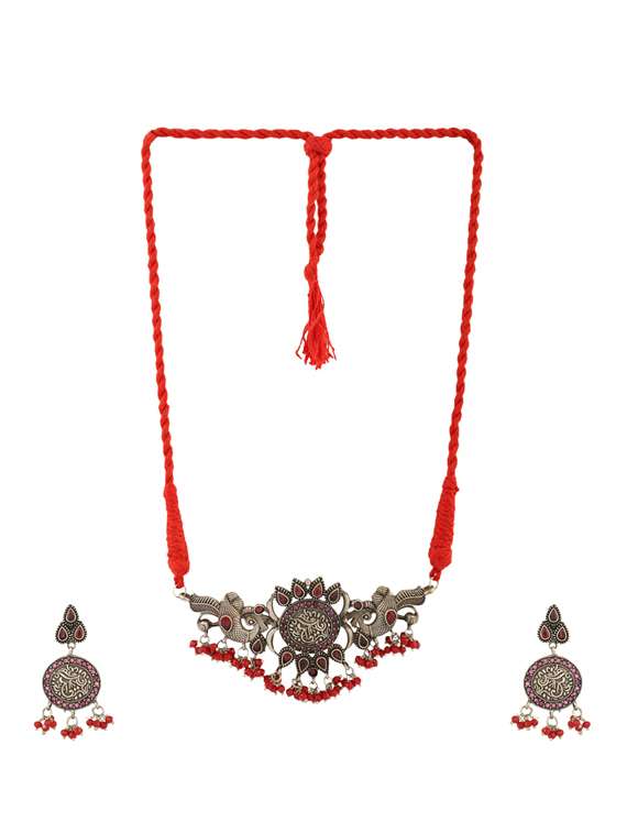 red tone brass oxidised choker necklaces and earring 