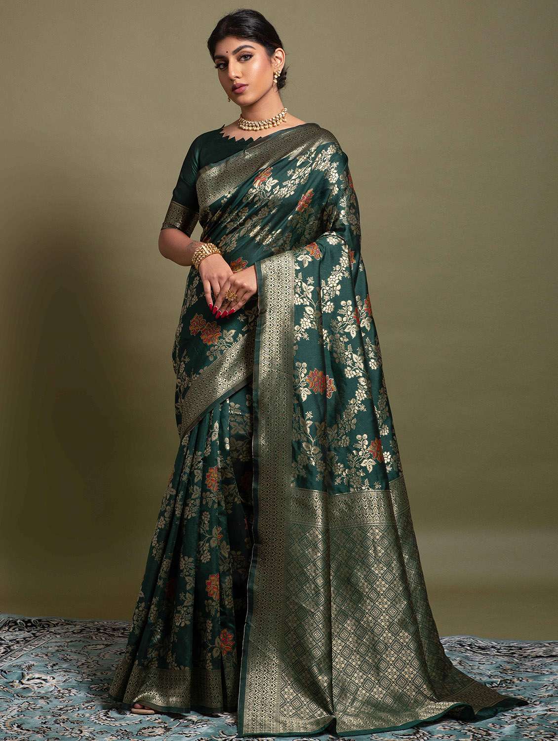 women's self design dark green colored saree with blouse