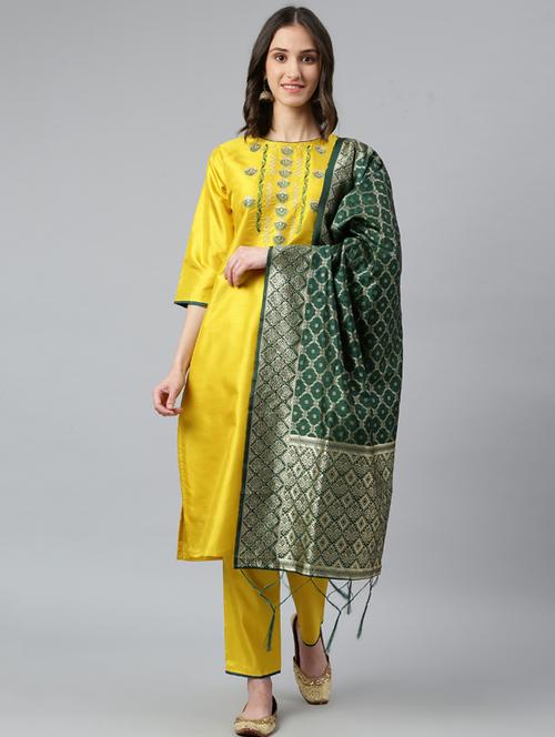 women three quarter sleeve kurta pant with dupatta set - 19756374 - Standard Image - 0
