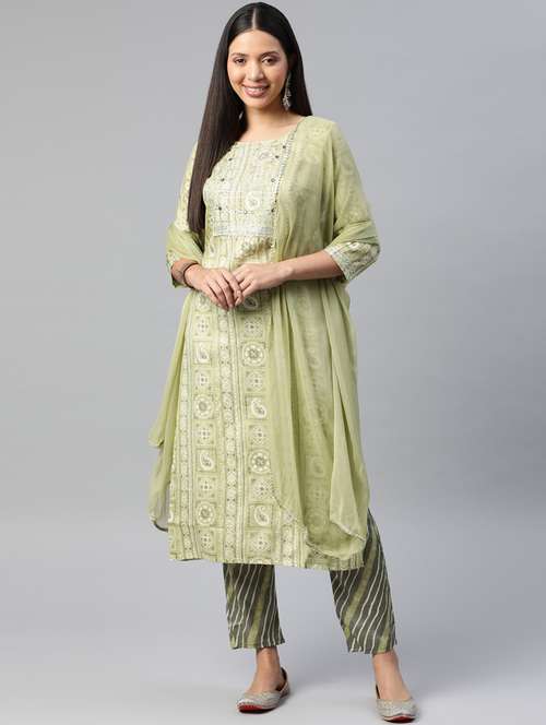 women three quarter sleeve kurta pant with dupatta set - 19763482 - Standard Image - 0