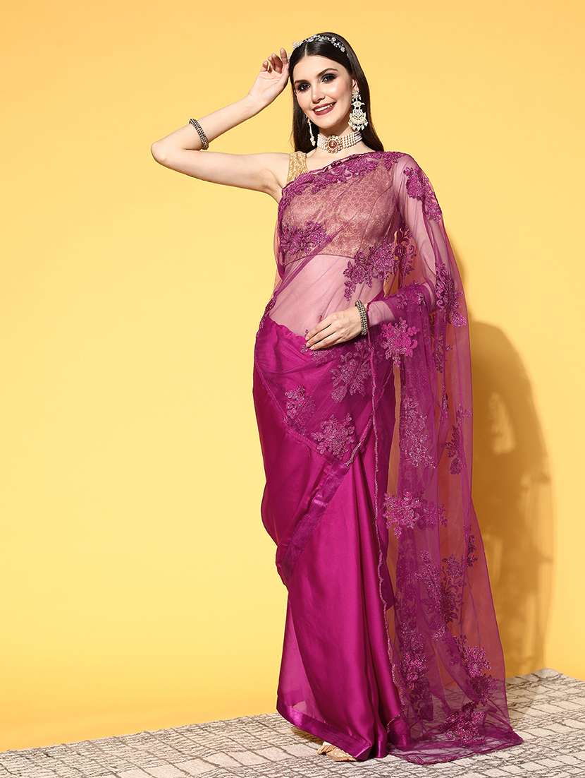 women solid with work embroidered saree with blouse
