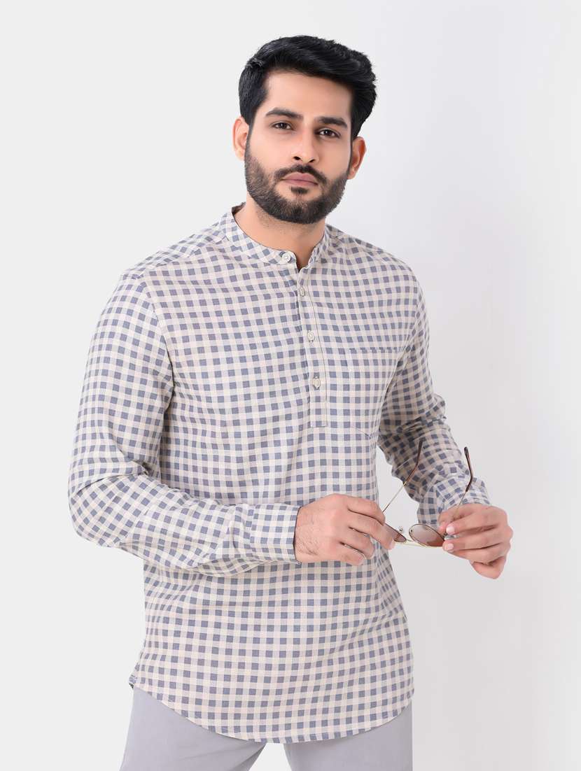 grey cotton short kurta - 19766389 -  Zoom Image - 0