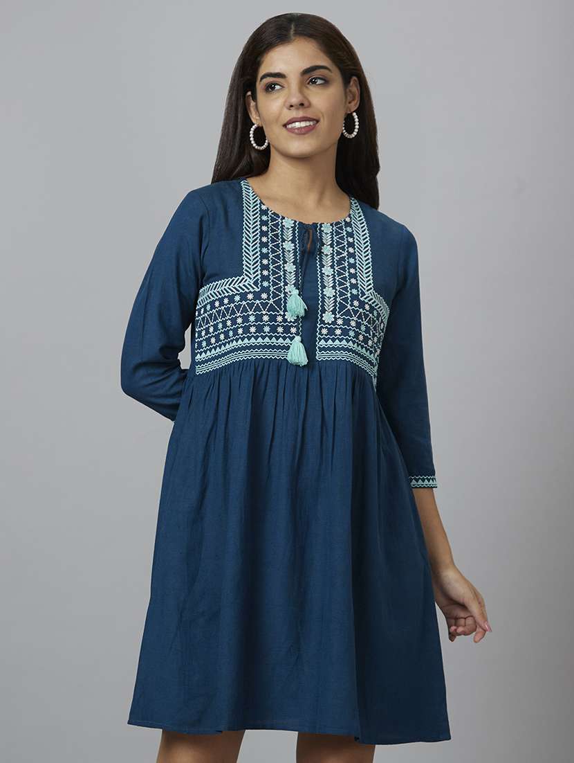 women blue viscose a-line dress