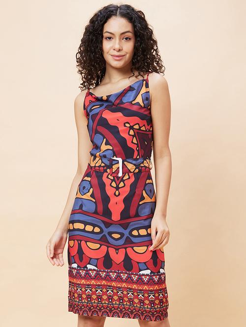 globus women multi color abstract cowl neck with adjustable strappy sleeve a-line dress - 19766442 -  Standard Image - 0