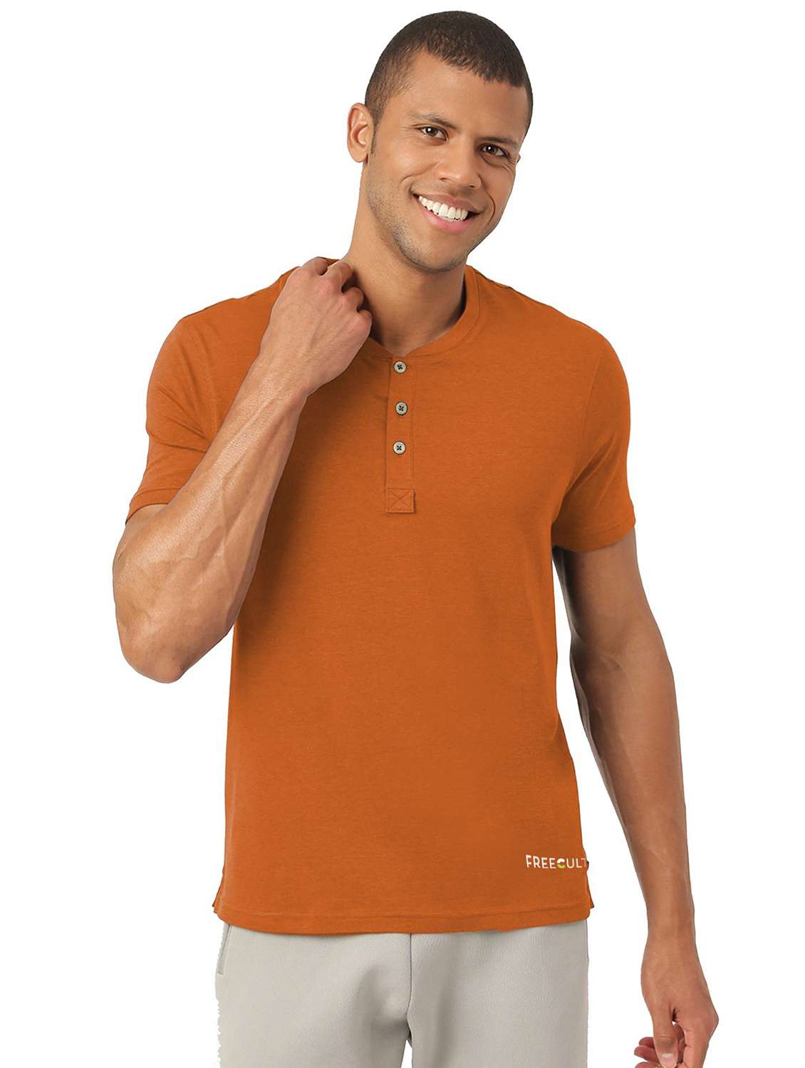 heniey neck solid cotton t-shirt - 19767060 - Zoom Image - 0