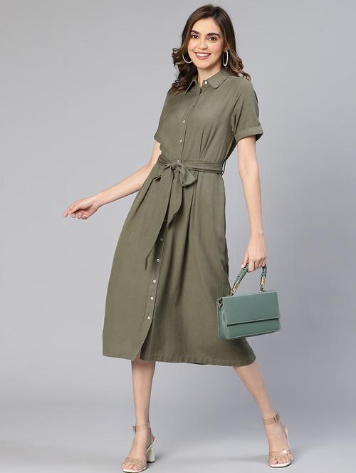 olive solid shirt dress with belt - 19768034 - Standard Image - 0