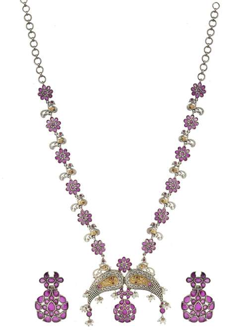 pink tone brass oxidised long necklaces and earring  - 19768271 -  Standard Image - 0