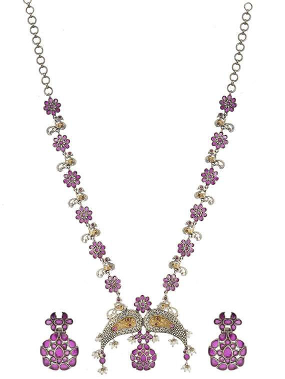 pink tone brass oxidised long necklaces and earring 