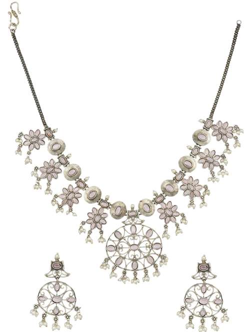 silver tone brass oxidised choker necklaces and earring  - 19768275 -  Standard Image - 0