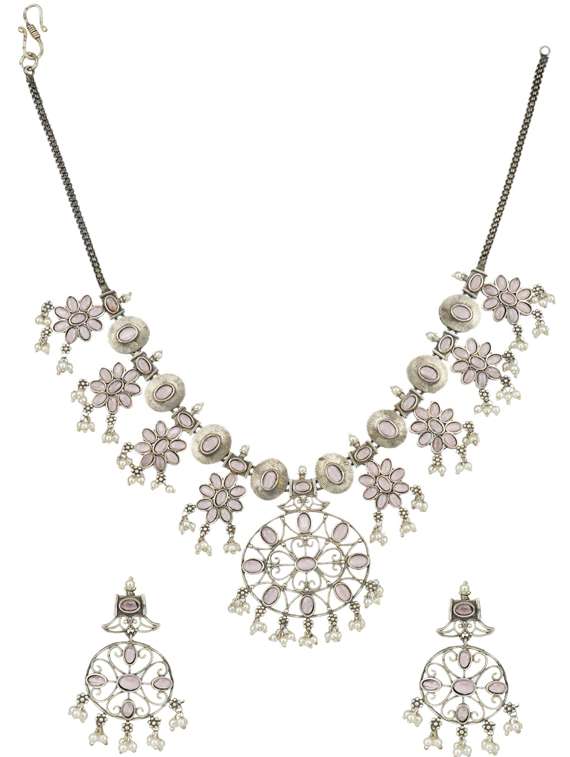 silver tone brass oxidised choker necklaces and earring 