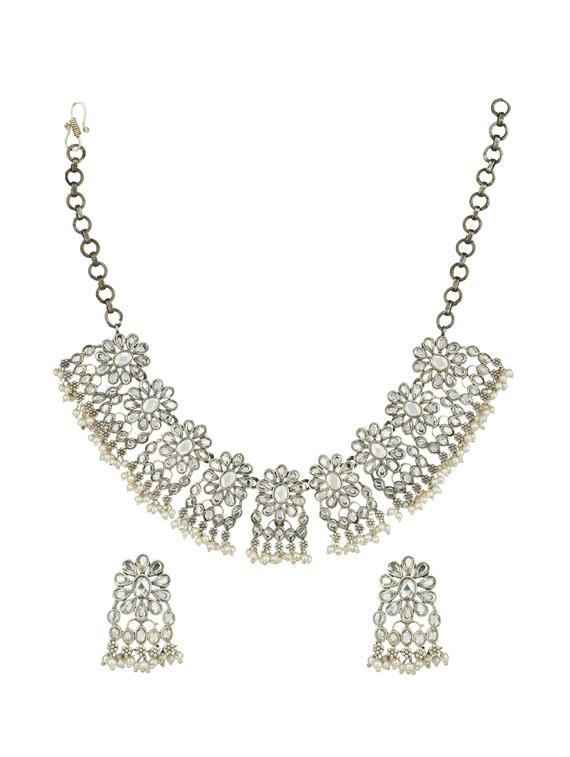 silver tone brass oxidised choker necklaces and earring - 19768276 - Zoom Image - 0