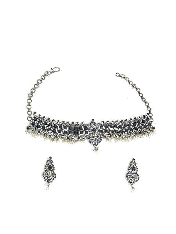 silver brass oxidised choker necklaces and earring 
