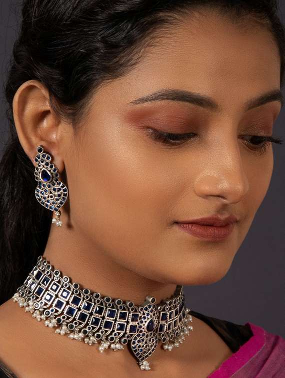 silver brass oxidised choker necklaces and earring  - 19768279 -  Standard Image - 3