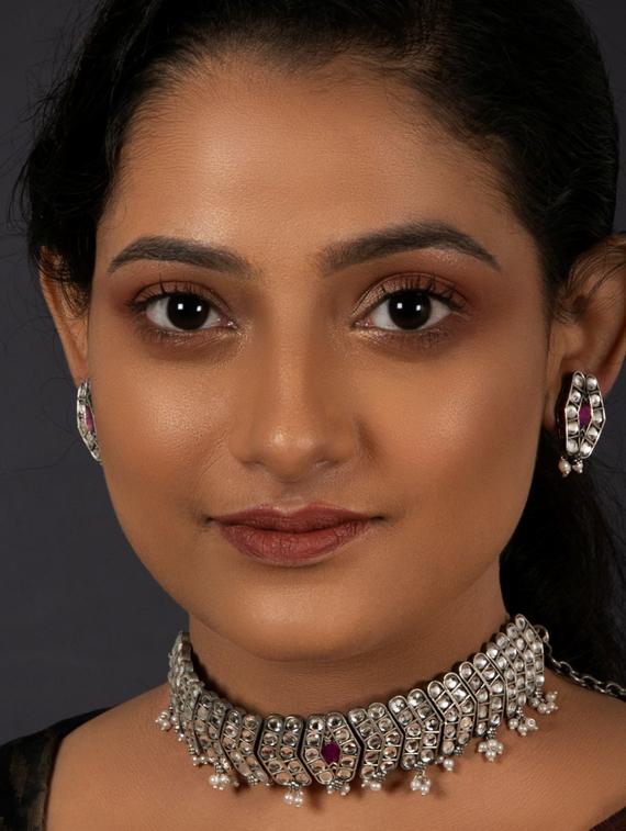 silver brass oxidised choker necklaces and earring - 19768280 - Standard Image - 3