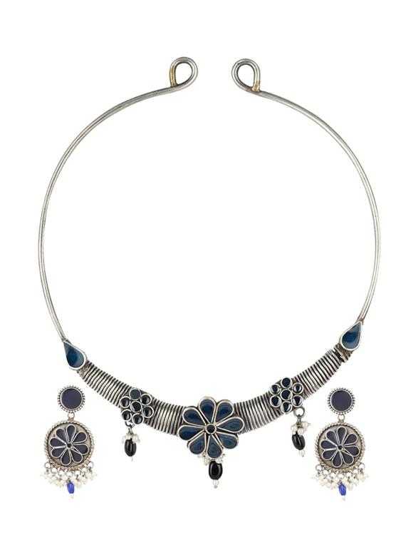 blue tone silver brass oxidised necklaces and earring 