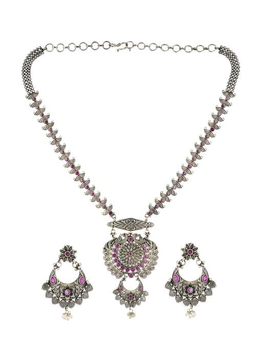 silver brass oxidised long necklaces and earring  - 19768282 -  Standard Image - 0