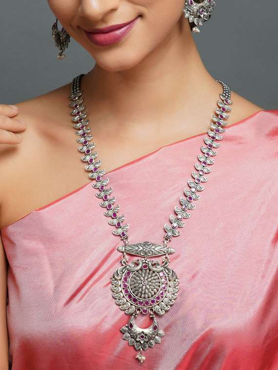 silver brass oxidised long necklaces and earring  - 19768282 -  Standard Image - 5