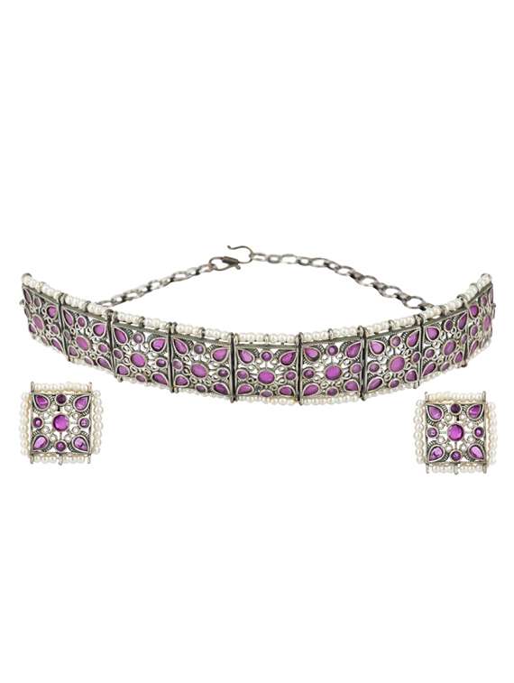 silver brass oxidised choker necklace and earring