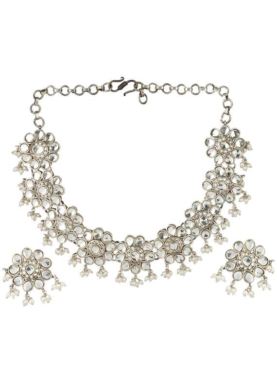 silver brass oxidised choker necklaces and earring 