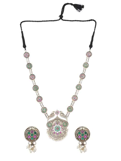 multi colored stone brass oxidised long necklaces and earring  - 19768288 -  Standard Image - 0