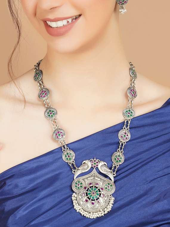 multi colored stone brass oxidised long necklaces and earring  - 19768288 -  Standard Image - 3