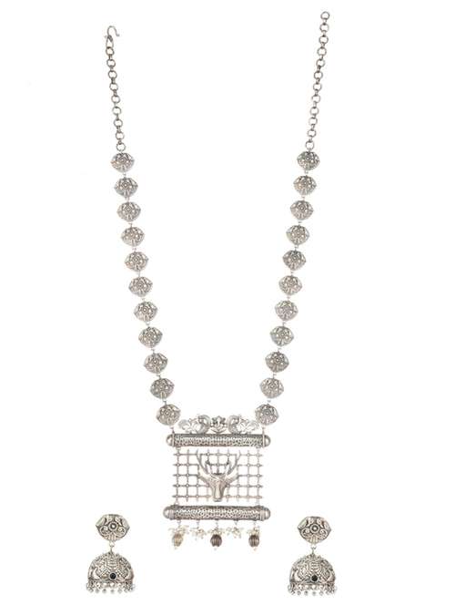 silver brass oxidised long necklaces and earring - 19768289 - Standard Image - 0