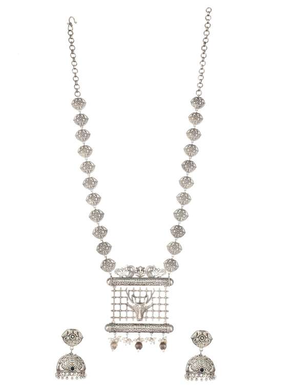 silver brass oxidised long necklaces and earring 