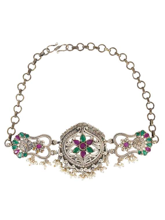 multi colored stone brass oxidised choker necklaces and earring 