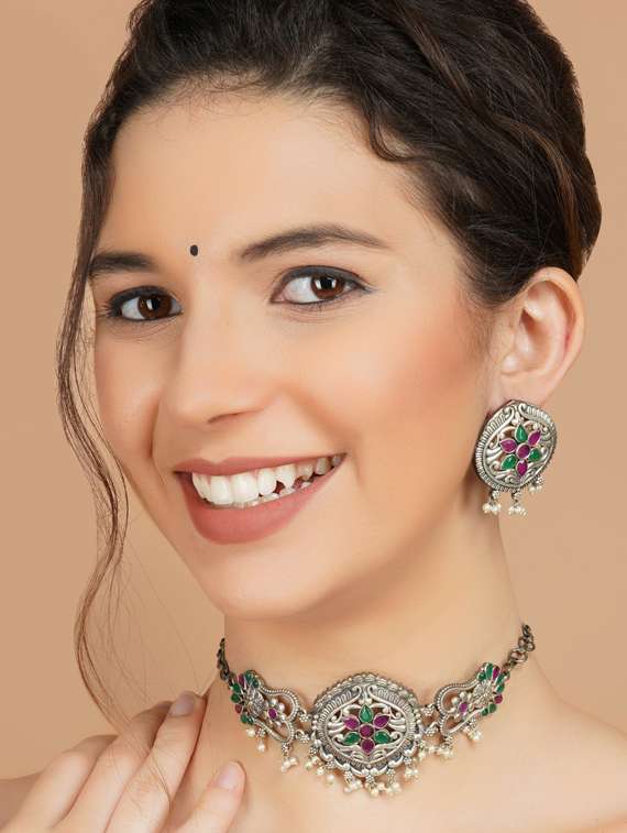 multi colored stone brass oxidised choker necklaces and earring  - 19768290 -  Standard Image - 3