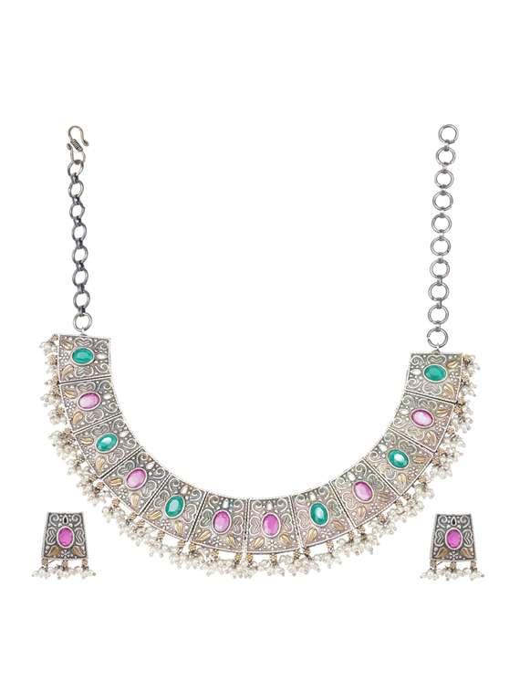 multi colored stone brass oxidised choker necklaces and earring 