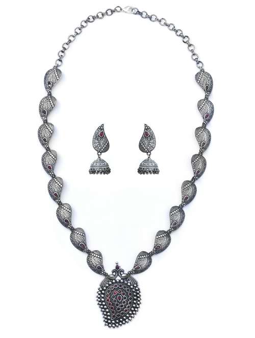 silver brass oxidised long necklaces and earring - 19768383 - Standard Image - 0