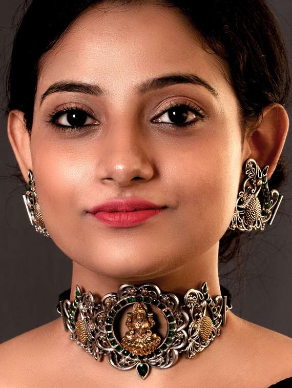 silver brass oxidised choker necklaces and earring  - 19768385 -  Standard Image - 3