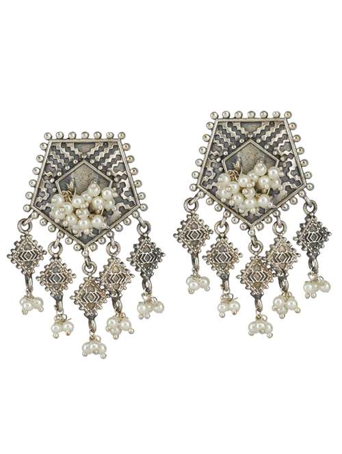 sliver brass oxidised beaded drop earring - 19768435 -  Standard Image - 0