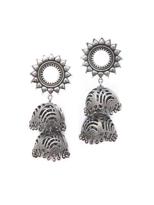 double pattern silver tone brass jhumka - 19768523 -  Standard Image - 0