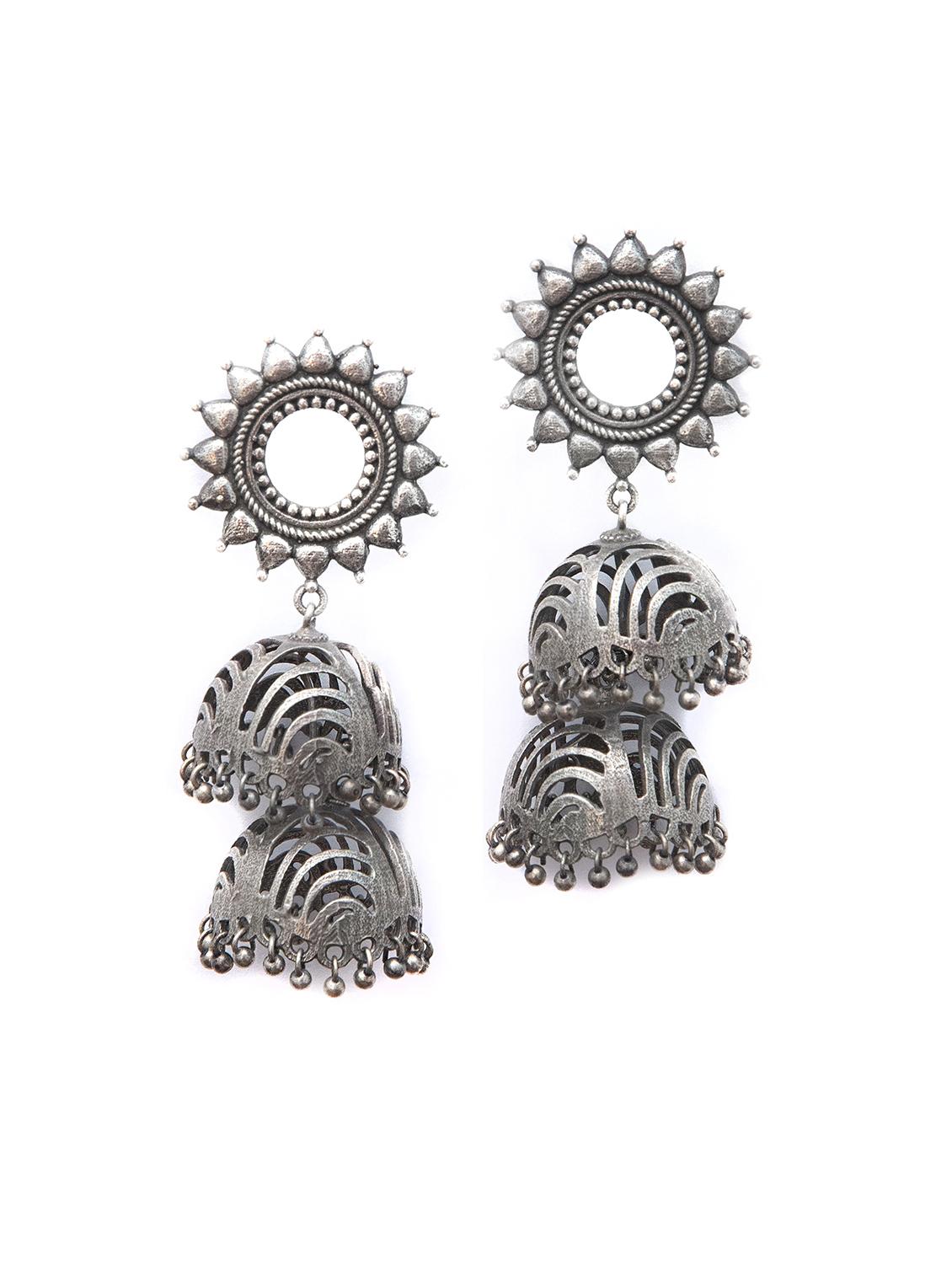 double pattern silver tone brass jhumka - 19768523 -  Zoom Image - 0