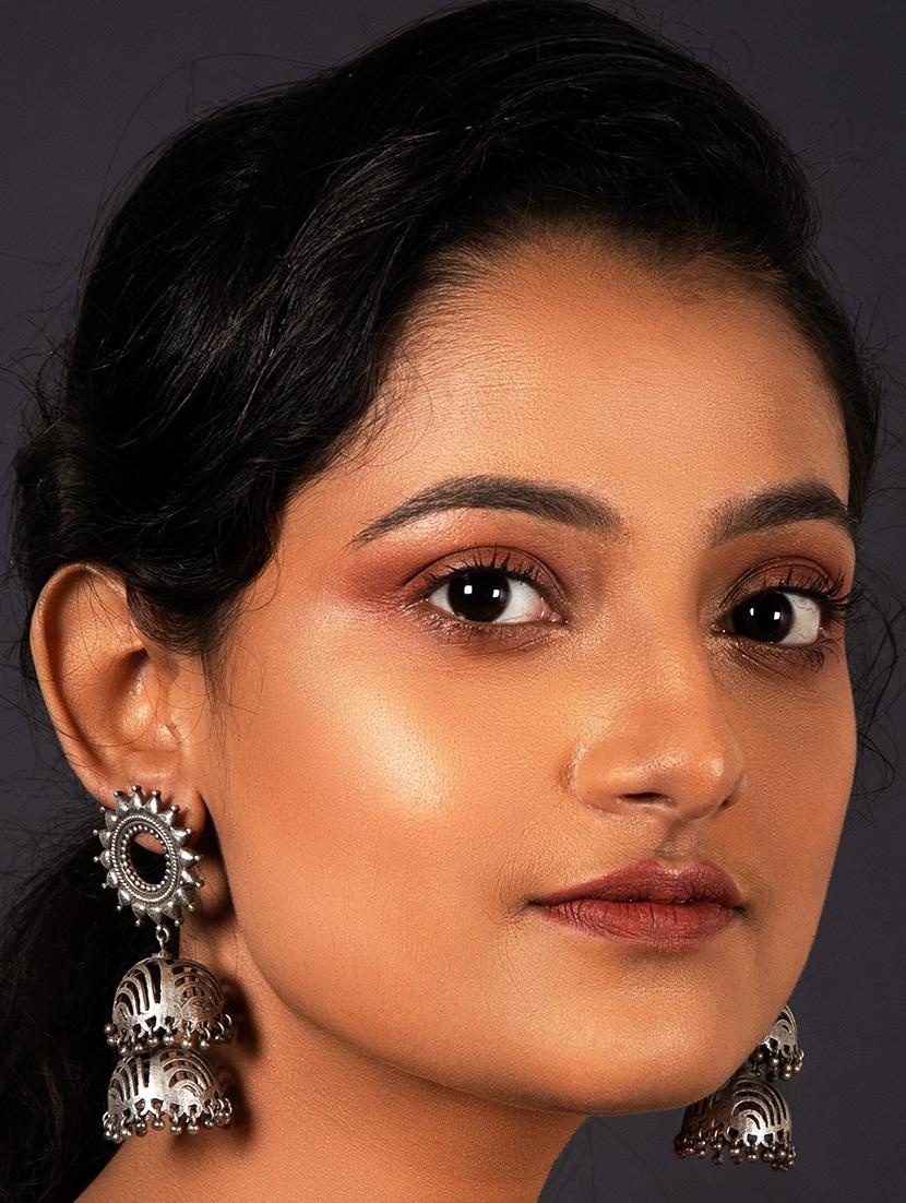 double pattern silver tone brass jhumka - 19768523 - Standard Image - 3