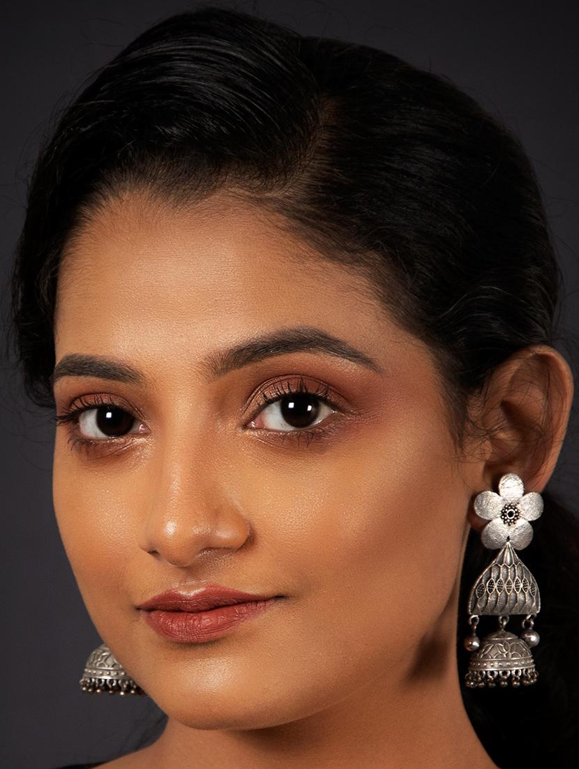 flower style silver tone brass jhumka - 19768524 - Standard Image - 3