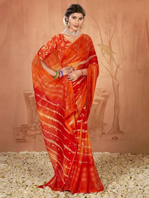 orange printed saree with blouse - 19771187 -  Standard Image - 0
