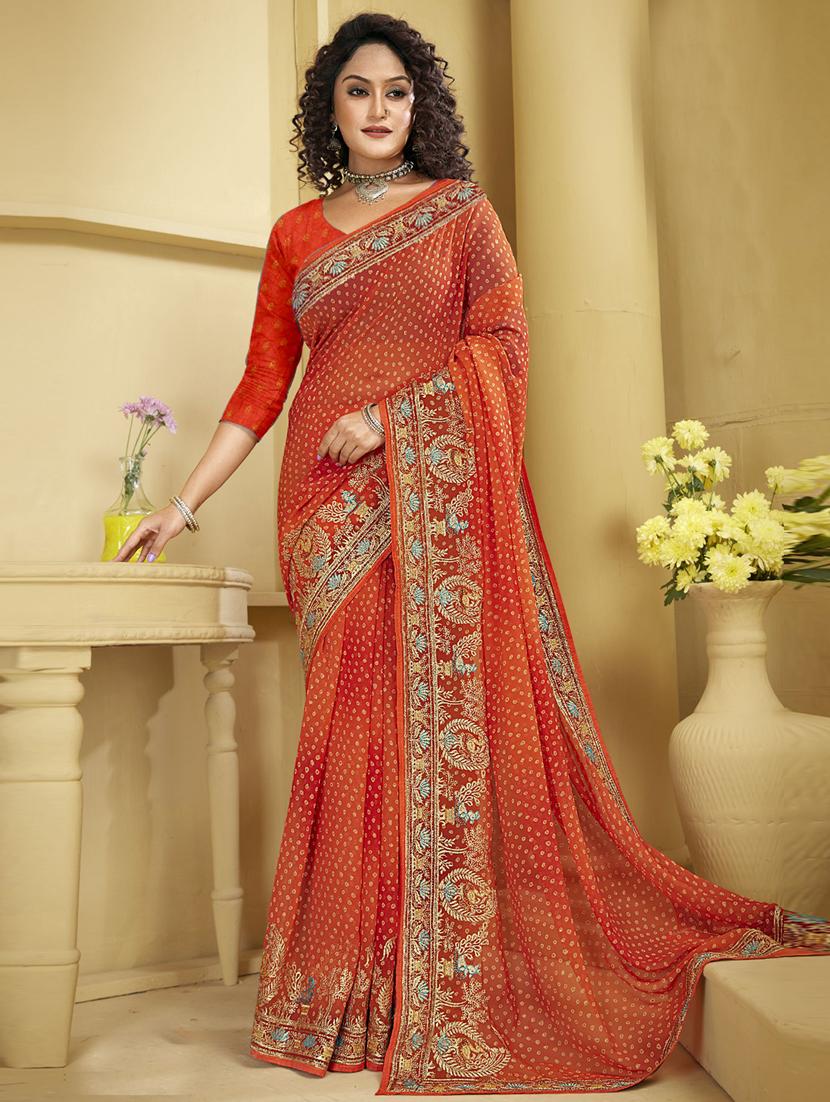 orange printed saree with blouse - 19771390 - Zoom Image - 0