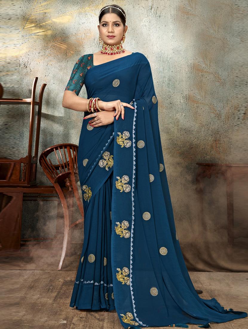blue printed saree with blouse - 19771420 - Zoom Image - 0