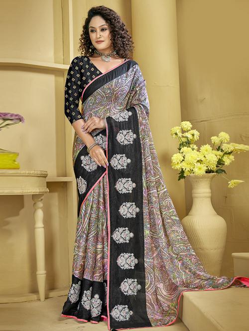 women's printed black colored saree with blouse - 19771451 - Standard Image - 0