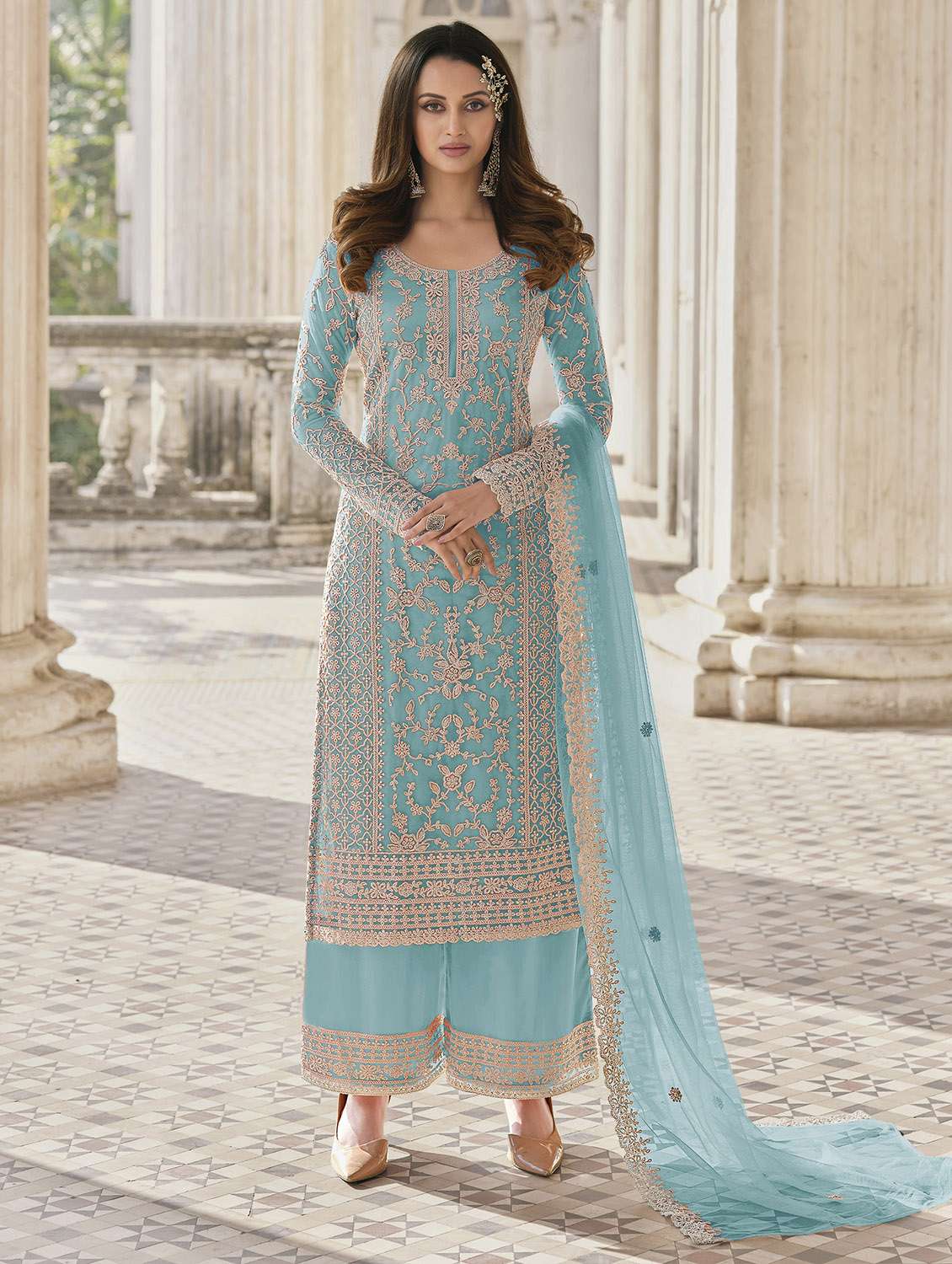 embroidered palazzo suit semi-stitched suit