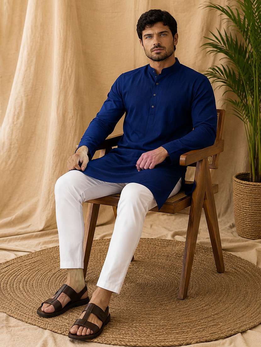men solid mandarin neck long kurta - 19777918 -  Standard Image - 3