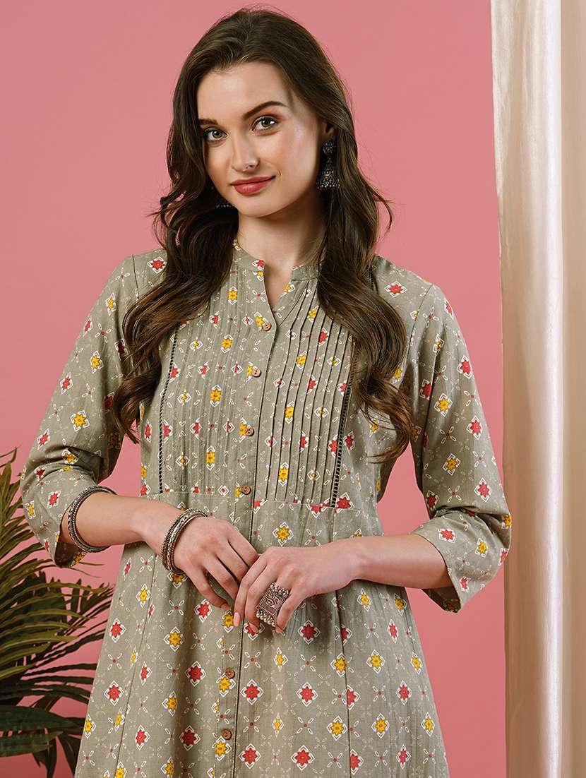 mandarin neck printed front slit kurta - 19779233 -  Standard Image - 3