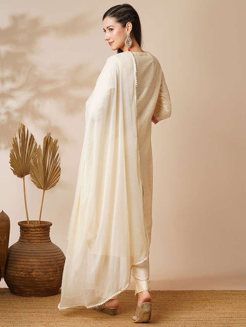 globus women off white embroidered yoke silver foil printed a-line kurta with narrow trousers & dupatta  - 19780823 -  Standard Image - 3