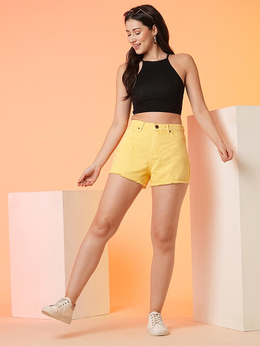 globus women yellow stretchable mid rise frayed denim shorts - 19782548 - Standard Image - 3
